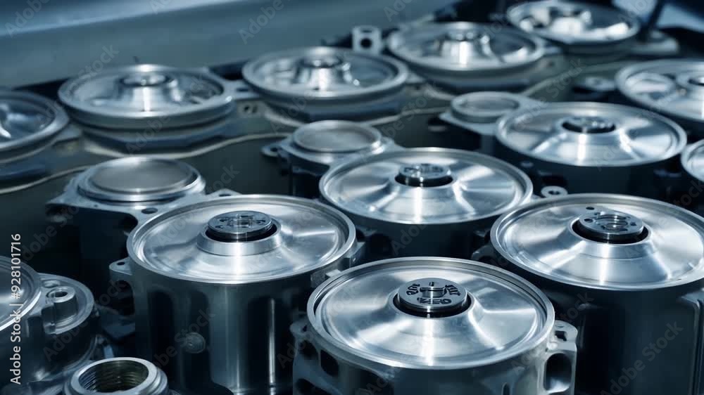 Brand new steel engine components with radial fins are neatly arranged on a workbench, glistening under bright factory lights Brand new steel engine components with radial fins are neatly arranged on a workbench, glistening under bright factory lights