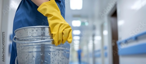 Worker with cleaning supplies bucket, blue uniform, yellow gloves, modern hospital corridor, close-up, realistic photo style.