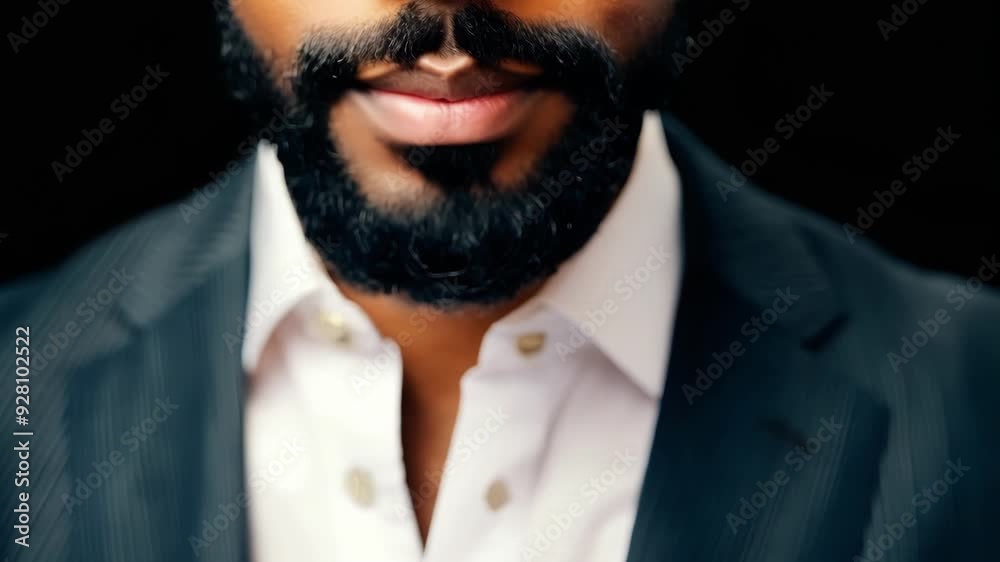 Close up of a man's face with a well maintained beard, highlighting the growing popularity of facial hair in professional settings Close up of a man's face with a well maintained beard, highlighting the growing popularity of facial hair in professional settings