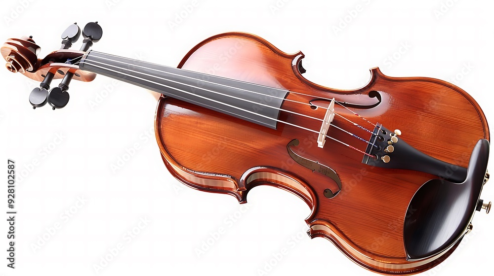 Fototapeta premium A highly detailed violin, with polished wood and finely crafted strings. The violin is positioned at a slight angle, showcasing the curves of the body, the fine grain of the wood, and the intricate sc