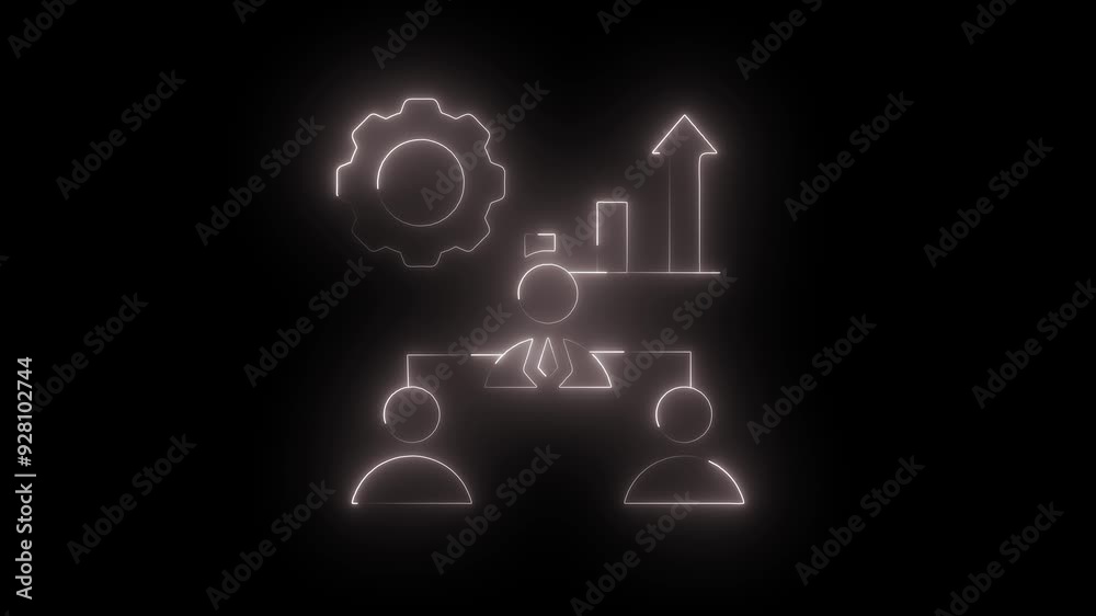 Glowing Neon Business Hierarchy Icon Depicting Team Leadership and Management Structure, Featuring a Central Leader, Subordinate Team Members. Glowing Neon Business Hierarchy Icon Depicting Team Leadership and Management Structure, Featuring a Central Leader, Subordinate Team Members.