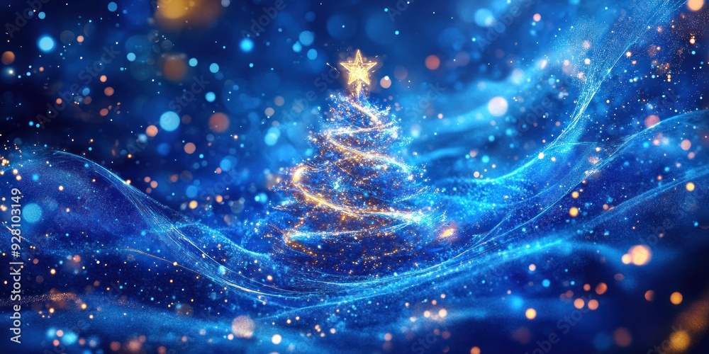 Blue background with glowing Christmas tree and star, glowing particles swirling around in the air