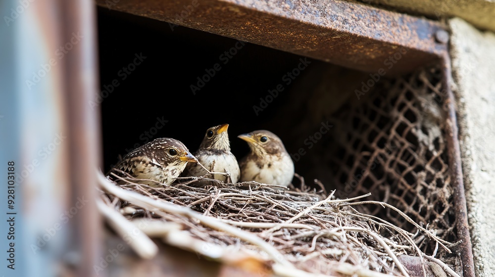 Naklejka premium Birds Nest Removal from Clogged Duct Service: A Visual Depiction of a Professional Service Removing a Bird's Nest from a Clogged Duct.