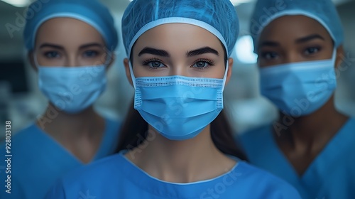 Three female surgeons in scrubs and masks, standing in a hospital operating room.