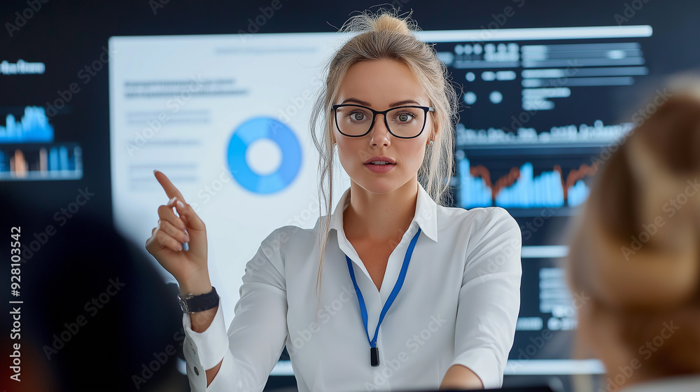 Businesswoman pointing at screen making presentation for her team Businesswoman pointing at screen making presentation for her team