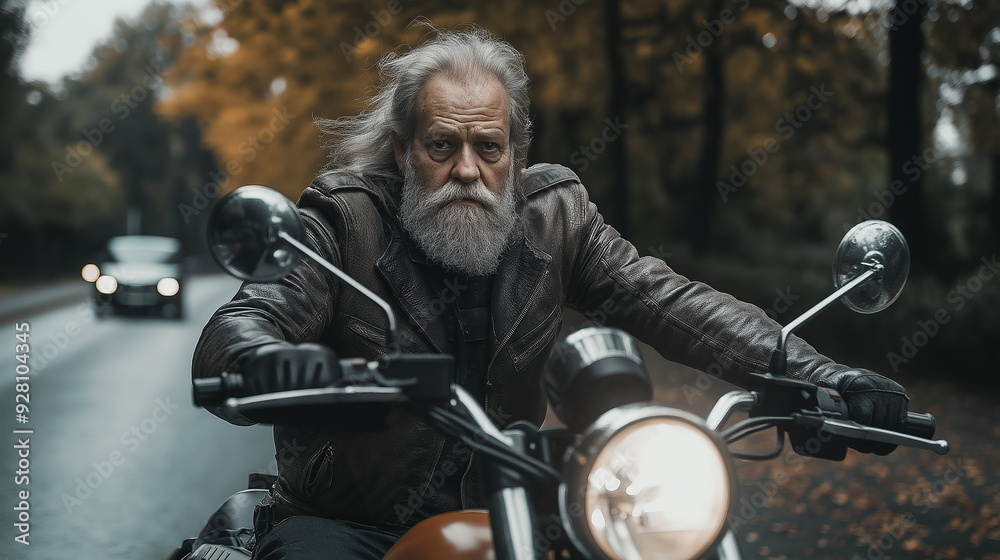 Fototapeta premium Serious senior bearded biker wearing leather jacket is riding motorbike on the road