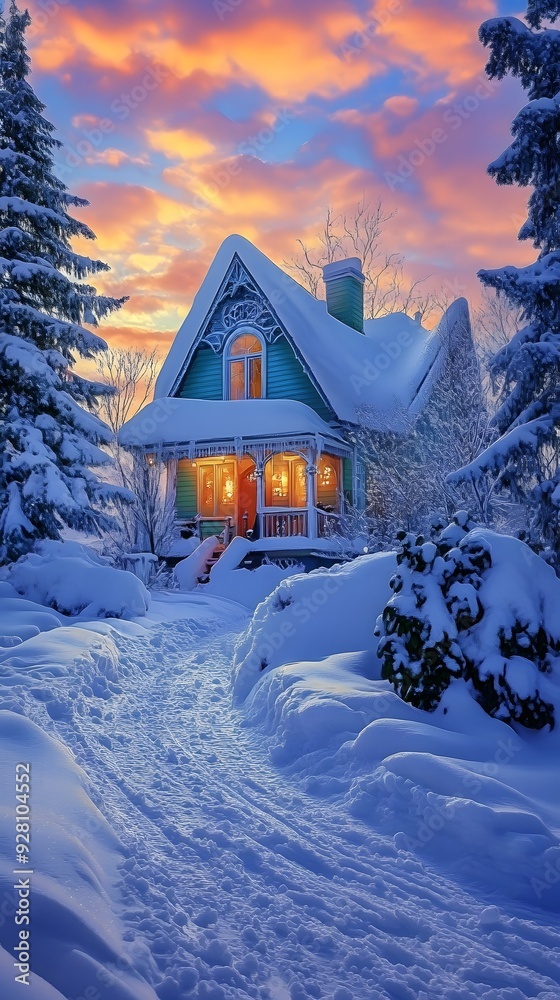 Fototapeta premium A colorful house in snow with warm lights, trees, and a beautiful sunset.
