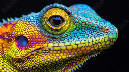 Colorful lizard posing on black background showing its scales