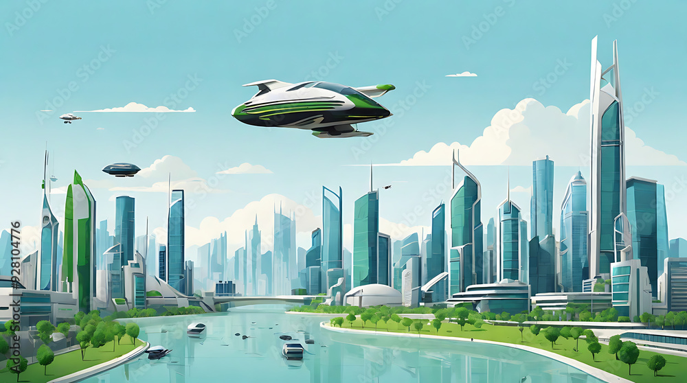 2D Flat-Style Illustration of a Futuristic Cityscape with Skyscrapers, Flying Vehicles, and Green Spaces, Set Against a Minimalist Background with Ample Copy Space 2D Flat-Style Illustration of a Futuristic Cityscape with Skyscrapers, Flying Vehicles, and Green Spaces, Set Against a Minimalist Background with Ample Copy Space