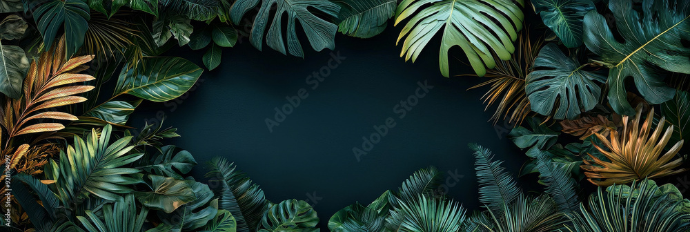 Tropical jungle plants and leaves on a dark background, generative AI Tropical jungle plants and leaves on a dark background, generative AI