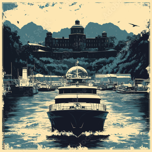 Vintage Illustration of a Luxury Yacht Sailing Towards a Grand Mountain Estate with Dense Forests and Harbor in Monochromatic Style