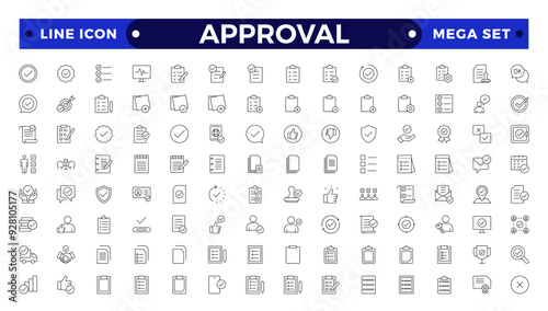 Approval Outline icons set. Check mark, certified, validation, agreement, thumps up, settings, shield icons and more signs. Flat icon collection.