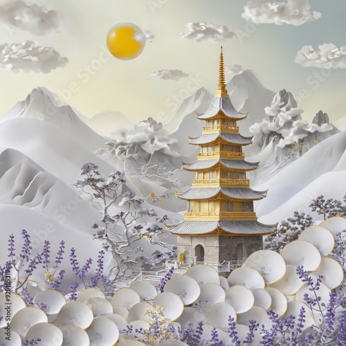 Digital illustration traditional Chinese pagoda middle mountaino photo