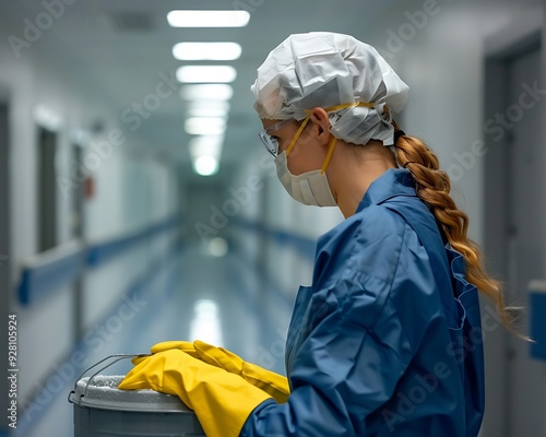 Worker with cleaning supplies bucket, blue uniform, yellow gloves, hospital corridor background, close-up, high-resolution.