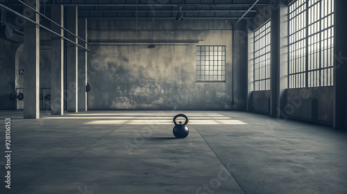 An empty industrial gym with concrete floors and a lone kettlebell in the center photo