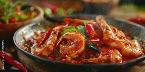 Balado Udang Petai Traditional Dish of Shrimp and Parkia Speciosa Cooked with Mashed Red Chili photo