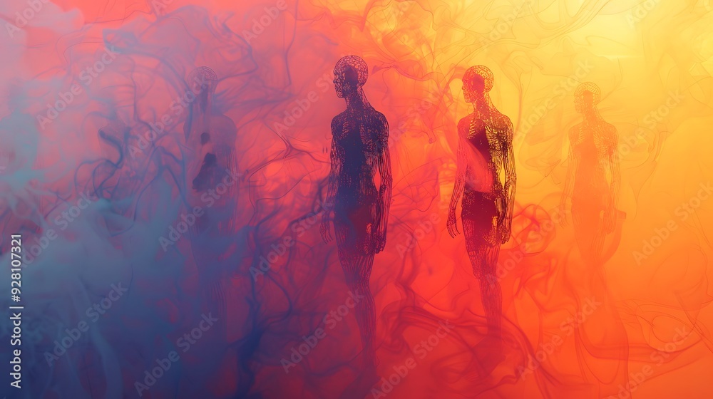 Abstract AI art depicting human silhouettes and digital connections ...