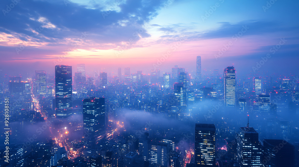 Fototapeta premium Panoramic high speed technology in big city concept, light abstract background. Speed concept.