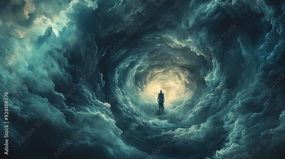 A solitary figure walks through a swirling vortex of clouds towards a radiant light. A solitary figure walks through a swirling vortex of clouds towards a radiant light.