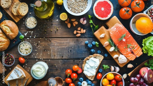 A flat lay of fresh ingredients on a wooden table, including salmon, tomatoes, garlic, grapes, blueberries, bread, sour cream, and olive oil, with copy space in the center.