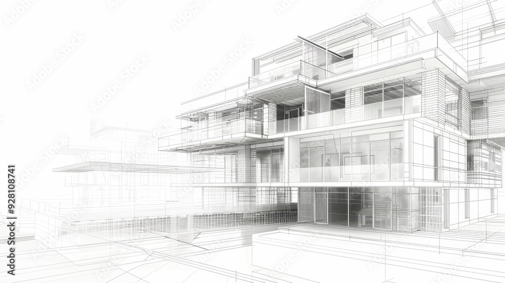 Fototapeta premium Architectural design sketch showcasing a modern building with glass elements and innovative structure in a minimalist style.