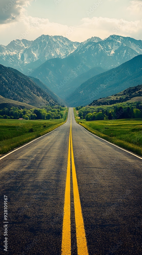 Naklejka premium A bright, beautiful road with green fields and distant mountains, perfect for adventure and freedom.