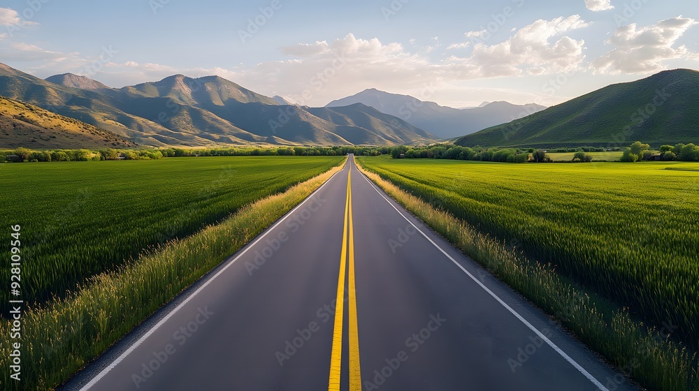 Naklejka premium A bright, beautiful road with green fields and distant mountains, perfect for adventure and freedom.