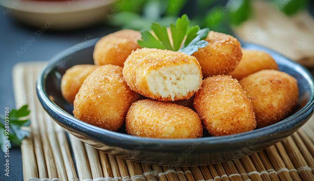 Food photography of crispy cheese croquettes arranged in a plate Food photography of crispy cheese croquettes arranged in a plate