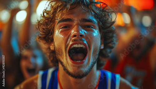 An intense moment at a sports competition as a fan or player expresses overabundance of emotions through screaming. photo