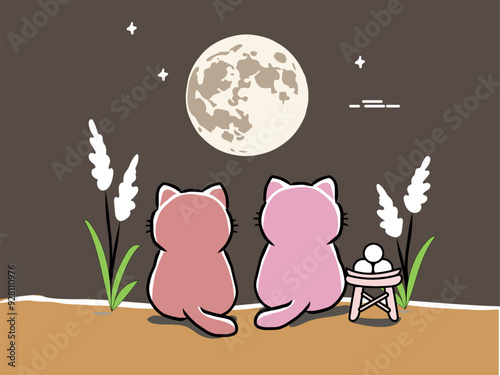 秋の夜、二匹の猫と月見     秋の夜、かわいい猫が満月を見上げて静かなひとときを過ごしています。傍らにはお月見団子とススキを並べ、和やかで温かみのある風景を表現しました。