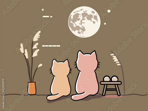 月を見て母を思い出す子猫の兄弟
秋の夜、かわいい猫が満月を見上げて静かなひとときを過ごしています。傍らにはお月見団子とススキを並べ、和やかで温かみのある風景を表現しました。