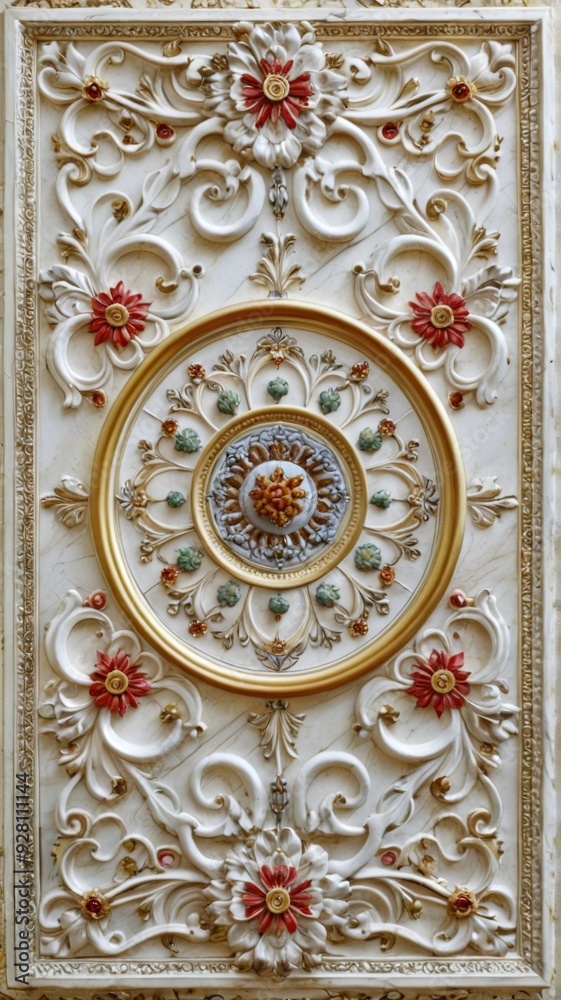 Fototapeta premium Decorative panel ornate design made white marble gold Baroque, B