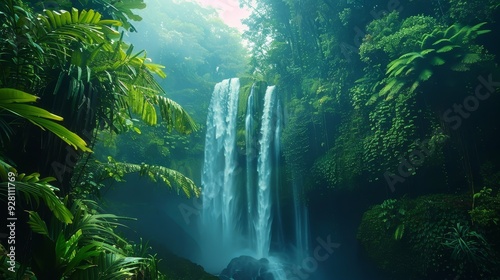 A serene tropical waterfall surrounded by lush greenery, offering a peaceful escape into nature's beauty and tranquility.