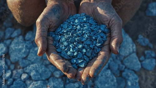 Pair hands holding handful small blue stones are artisanal cobal photo