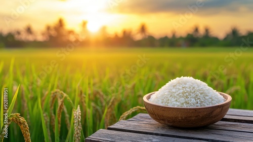 Bowl of White Rice in Green Rice Field at Sunset A wooden bowl filled with white rice sits on a table in a green rice field, with a beautiful sunset in the background
