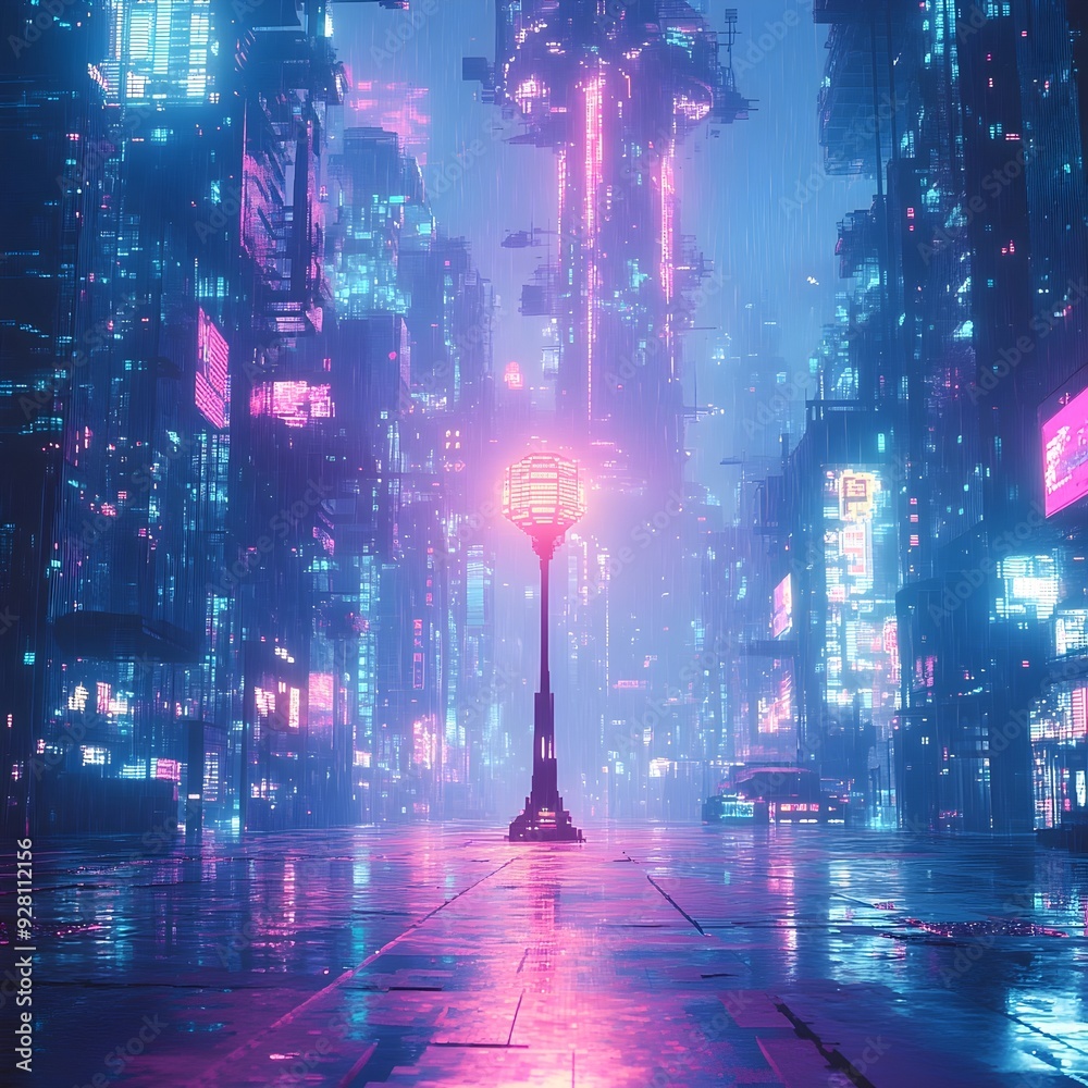 Obraz premium Neon-Soaked Cityscape Bathed in Otherworldly Glow of Futuristic Street Lamp