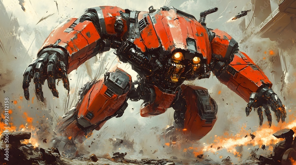 Imposing Mecha Warrior Bristling with High-Tech Armaments in Gritty,War-Torn Environment Imposing Mecha Warrior Bristling with High-Tech Armaments in Gritty,War-Torn Environment