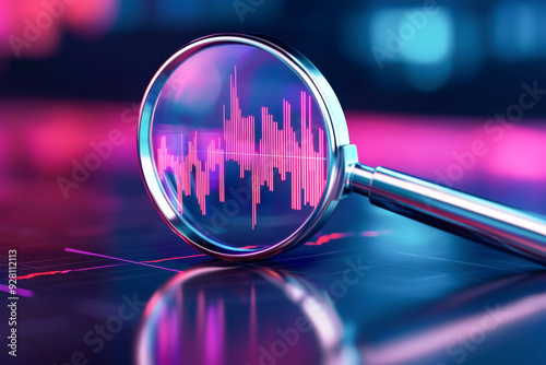 A close-up view of a magnifying glass revealing sound waves on a digital screen, symbolizing audio analysis and technology.