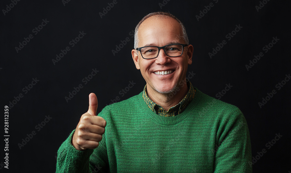 Naklejka premium Cheerful adult male in a green sweater and glasses with a thumbs-up gesture and a broad smile, set against a black background. Portrait capturing confidence and satisfaction.