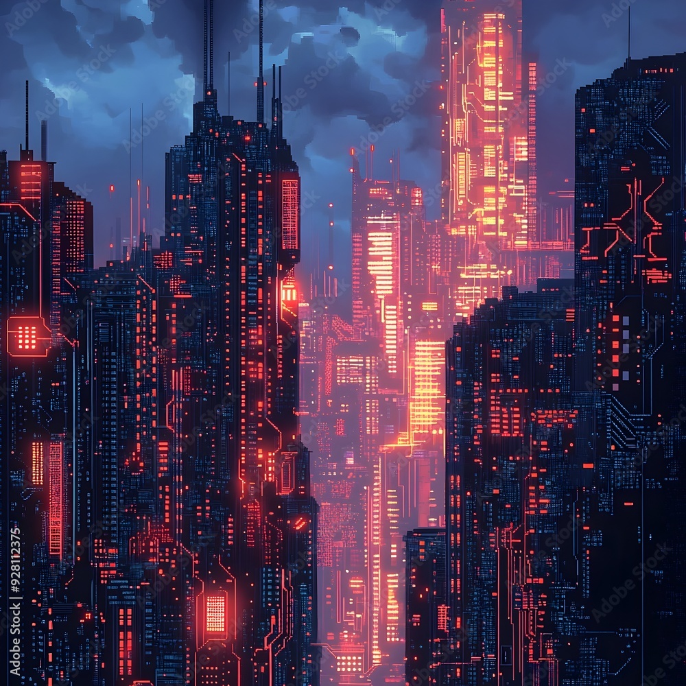 Fototapeta premium Neon-Soaked Metropolis with Intricate Circuit Board Designs Towering Over a Hyper-Technological Landscape