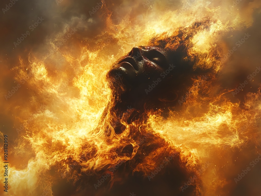 Illustrate a top-down perspective of a person engulfed in flames, showcasing agony and torment with fiery realism Illustrate a top-down perspective of a person engulfed in flames, showcasing agony and torment with fiery realism