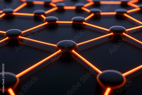 Abstract network design with glowing orange lines and nodes on a dark background, representing technology and connectivity.