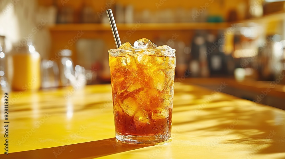 Iced Tea with a Metal Straw on a Yellow Table Iced Tea with a Metal Straw on a Yellow Table
