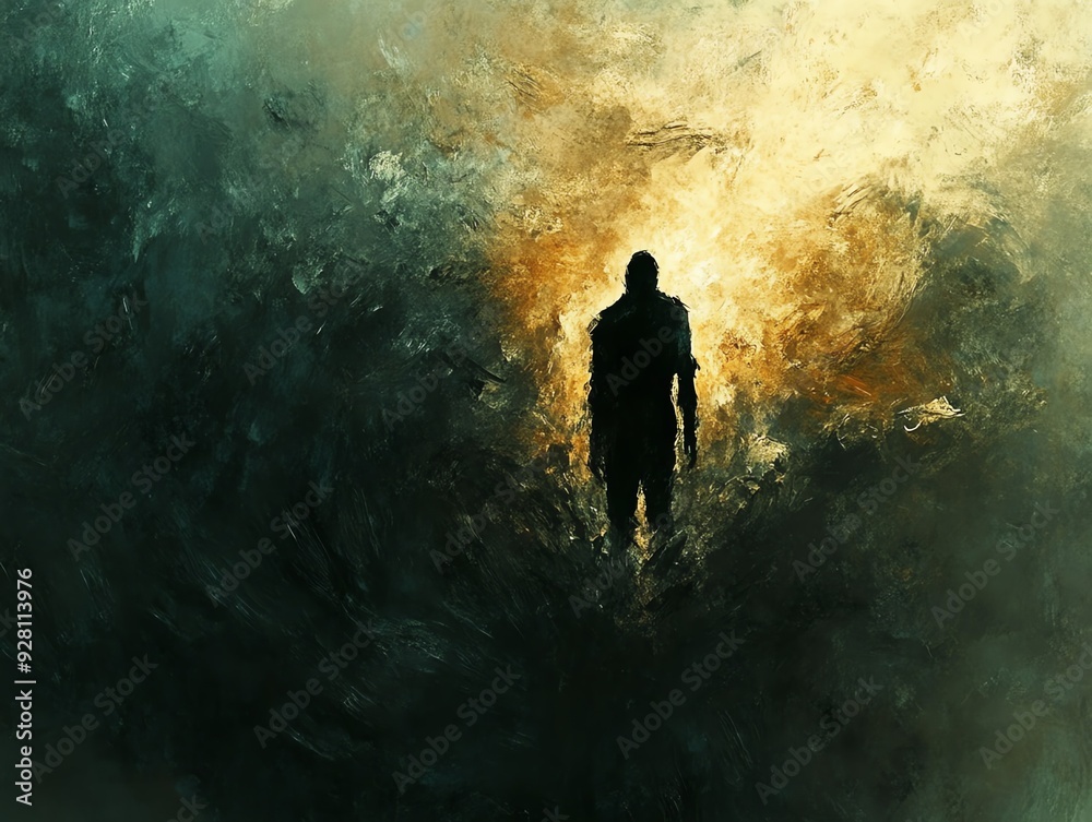 A lone figure stands in a fiery, apocalyptic landscape. A lone figure stands in a fiery, apocalyptic landscape.