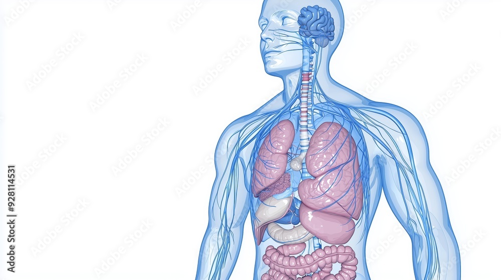 A detailed illustration of the human respiratory and digestive systems, emphasizing the connection between breathing and digestion A detailed illustration of the human respiratory and digestive systems, emphasizing the connection between breathing and digestion