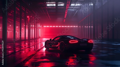 red sports car in an empty warehouse with dramatic lights.