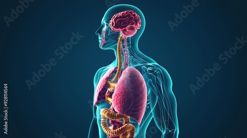 A detailed illustration of the human respiratory and digestive systems, emphasizing the connection between breathing and digestion photo