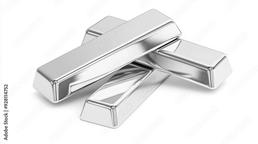 Stack of 3 Shiny Silver Bars on White Background Reflecting Light Stack of 3 Shiny Silver Bars on White Background Reflecting Light
