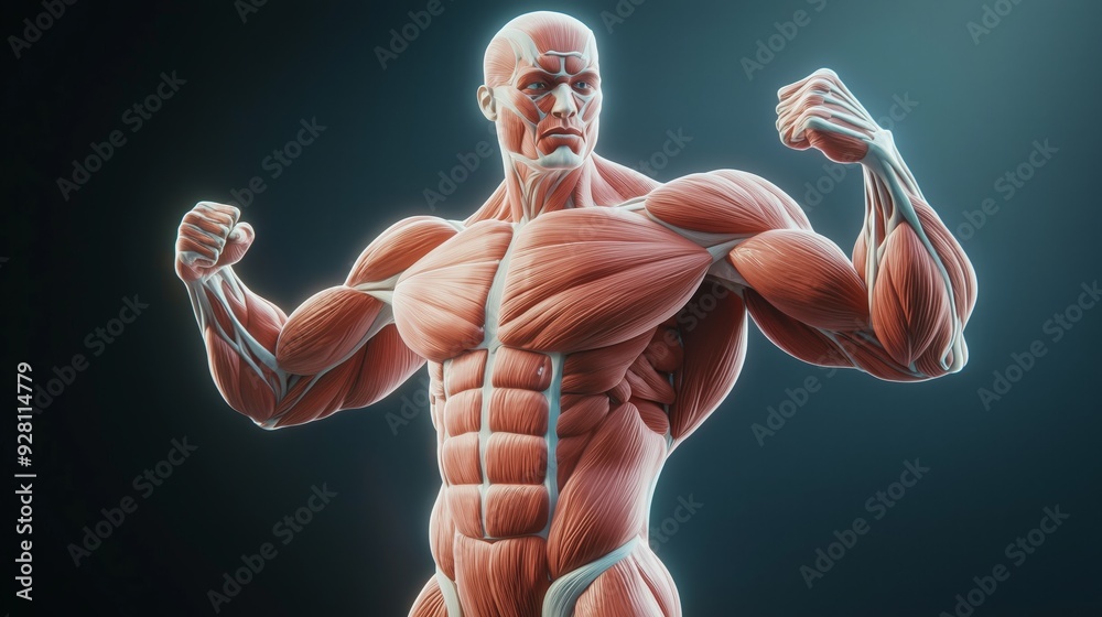 A 3D illustration of the human muscular system, highlighting major muscle groups with a focus on strength and movement