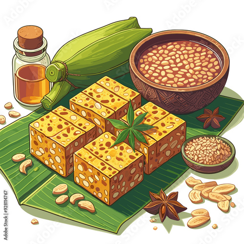 A plate of food with a bowl of soup and a bottle of oil
